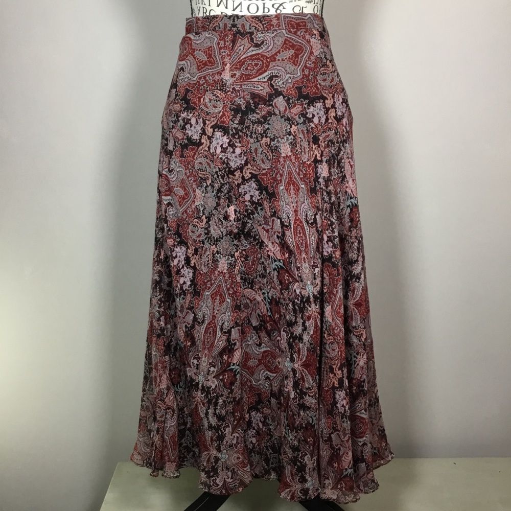 100% silk red black grey paisley floaty skirt boho hippie fairy fairycore sz 4P